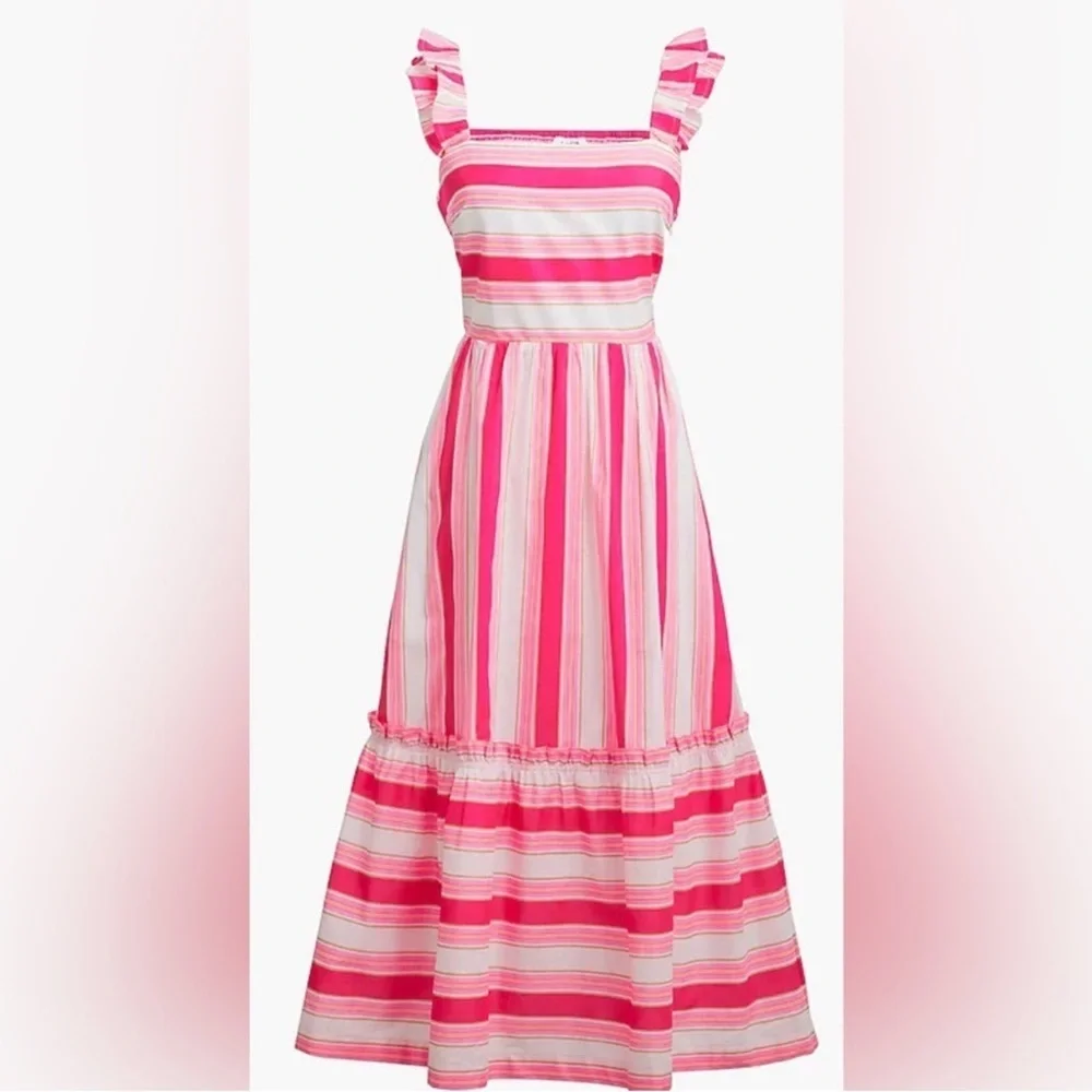 J. CREW | Striped Pink and White 100% Cotton Ruffle Straps Midi Dress Sz. 6